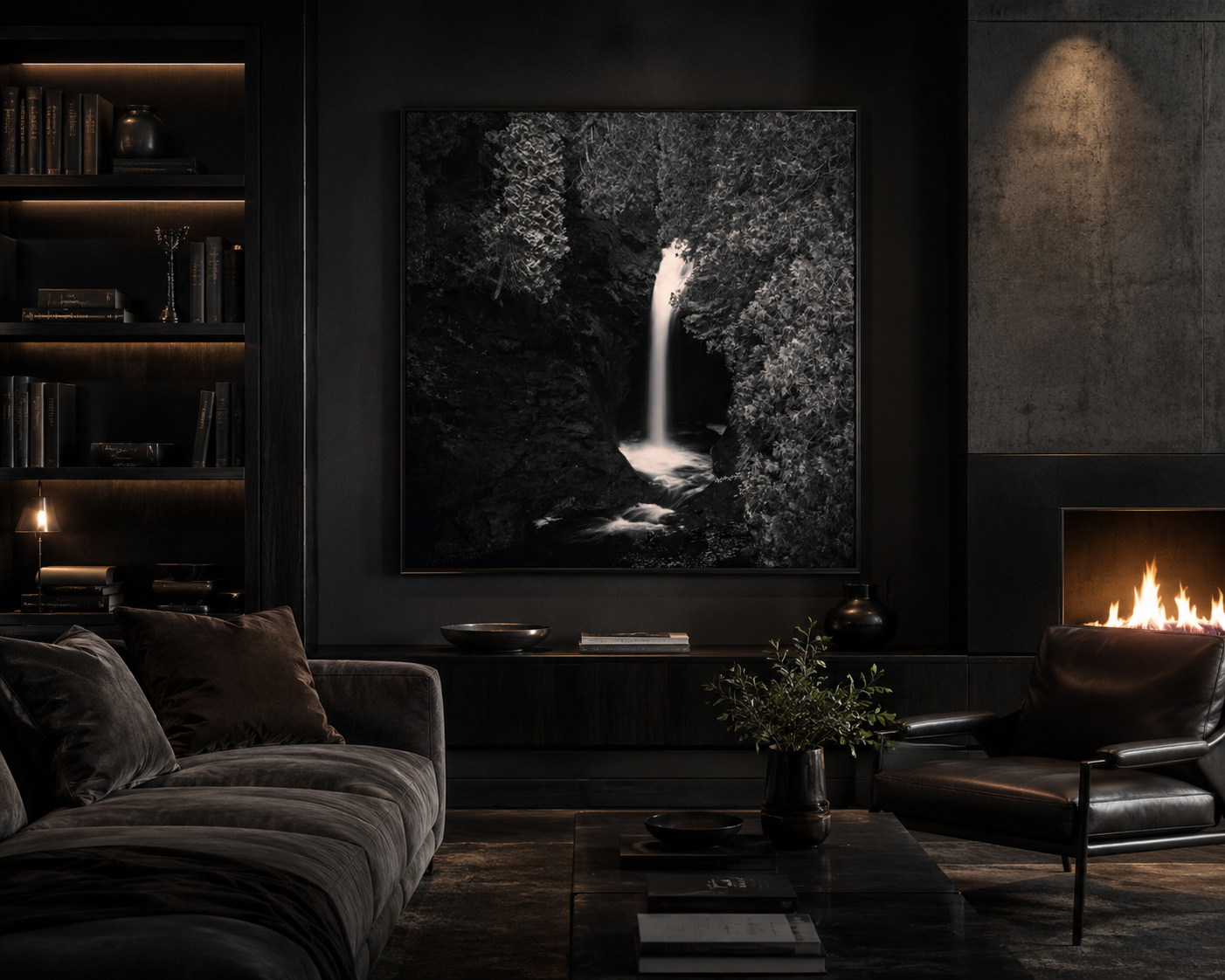 Black and white Cascade Falls waterfall print shown as large framed artwork in a wellness waiting room